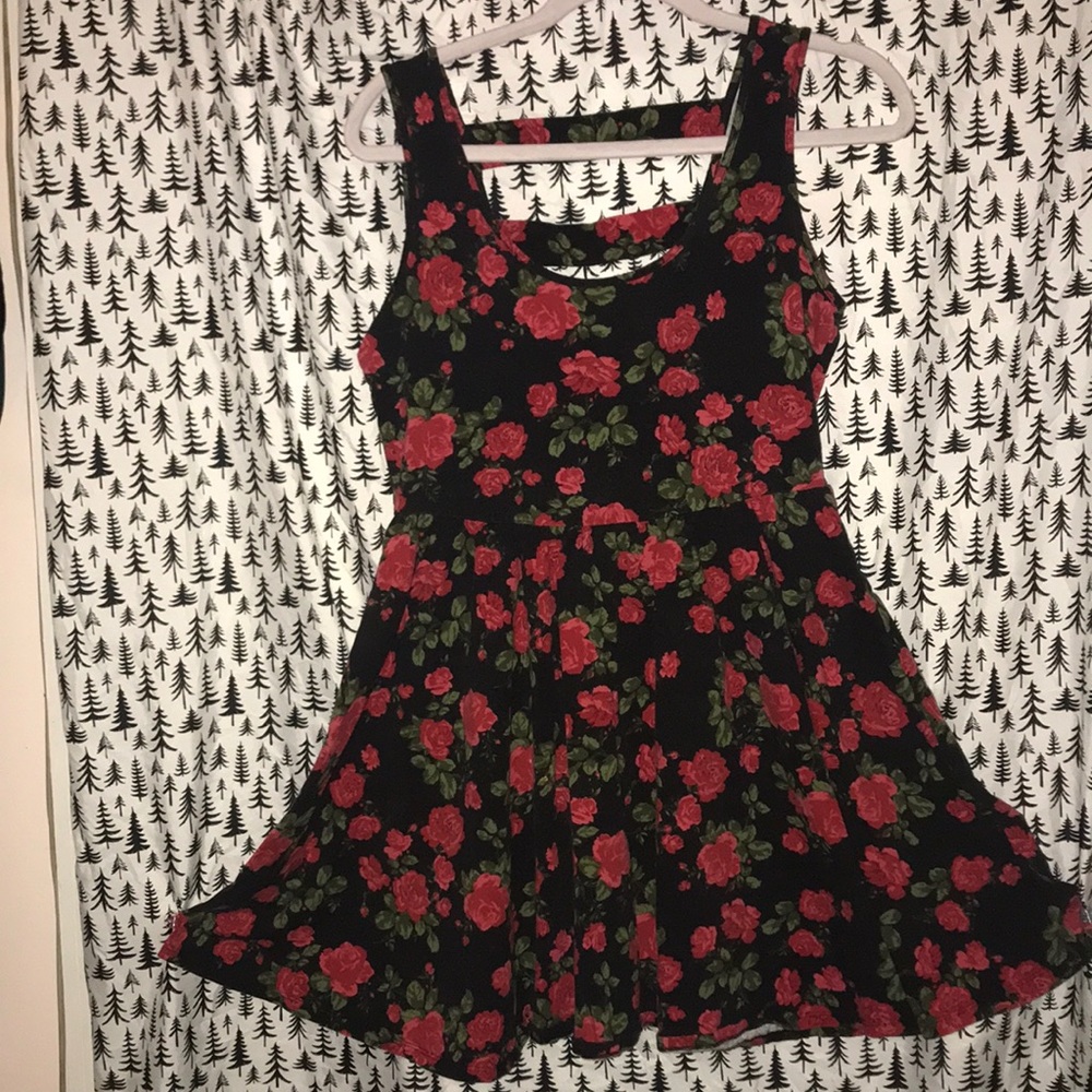 black dress with red roses.